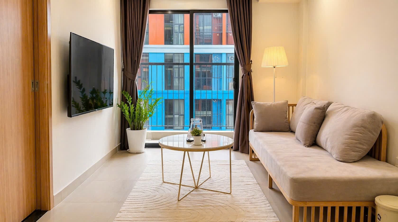 A108 — Phòng khách sáng với sofa nâu và view ban công
