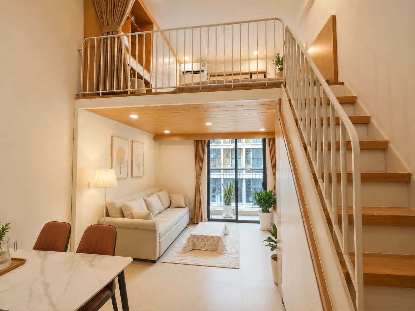 A306 — Toàn cảnh studio gác lửng với cầu thang gỗ, sofa kem và bàn ăn