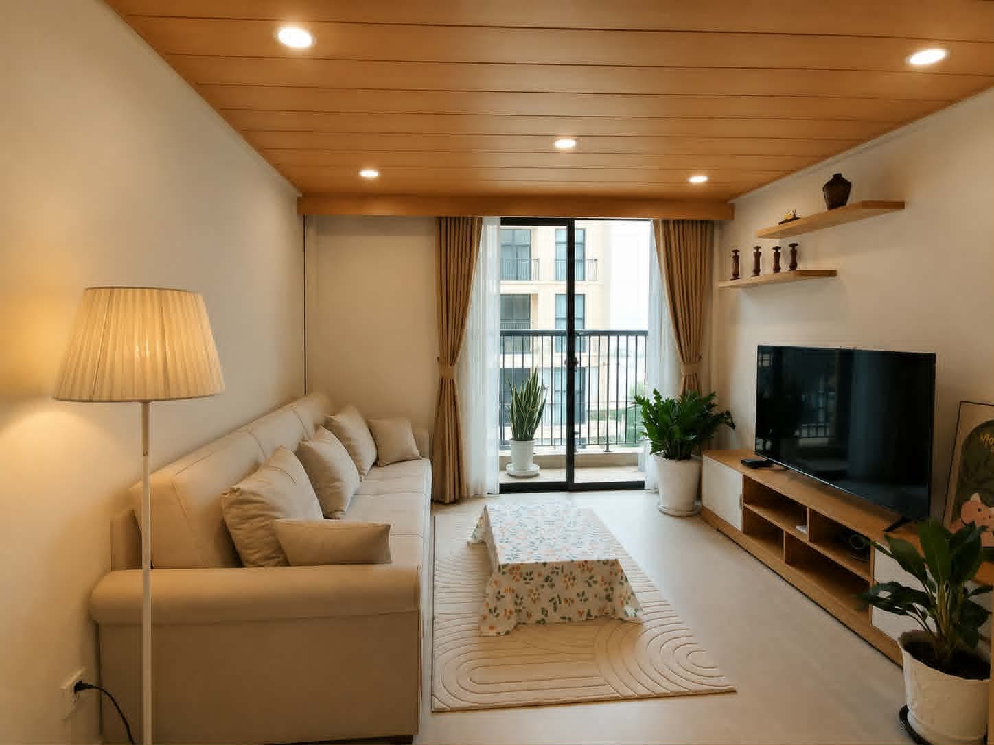 A306 — Phòng khách sofa kem, bàn trà thấp trải thảm và kệ TV gỗ