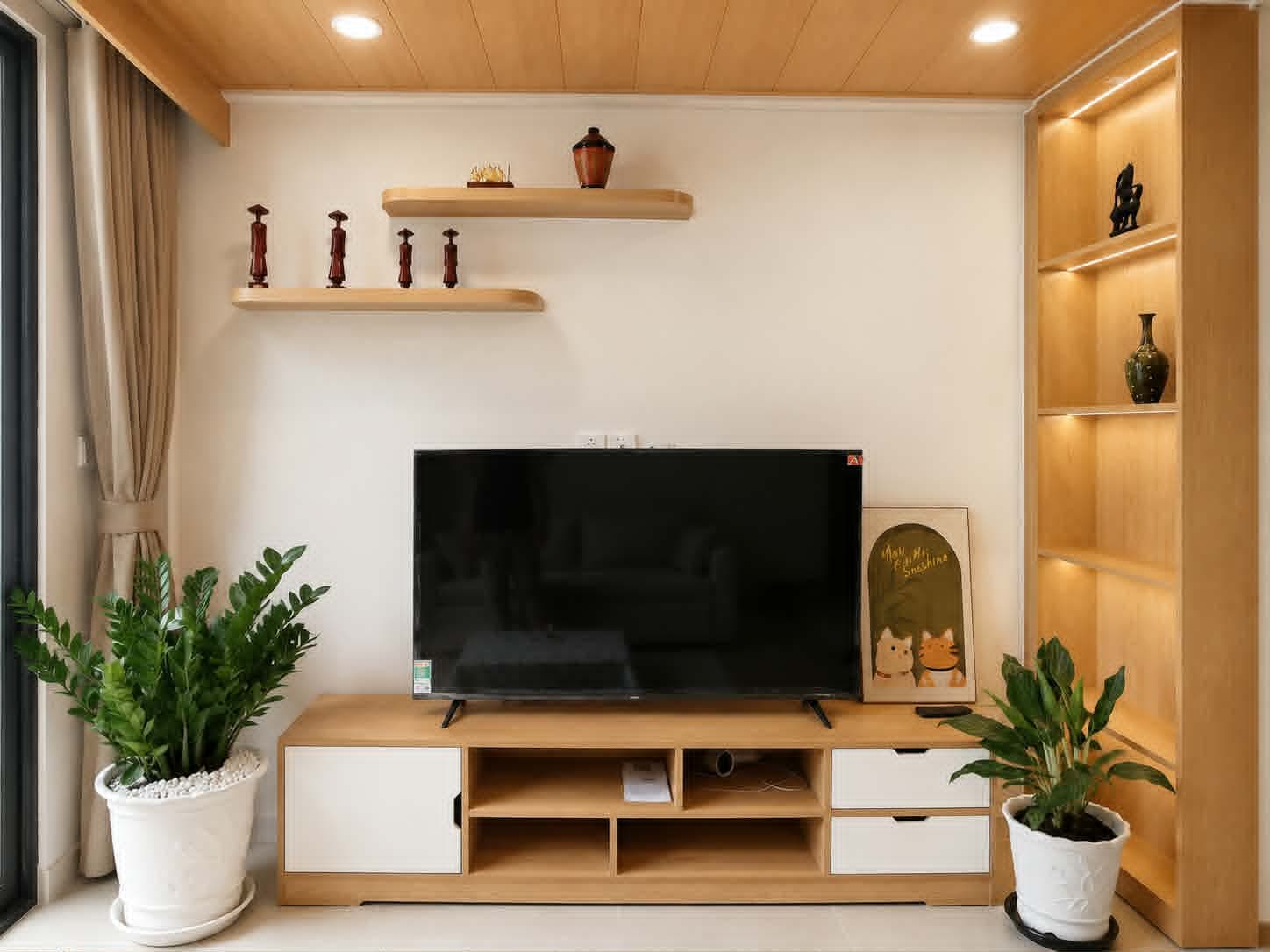 A306 — Mảng tường TV với kệ trang trí gỗ và đèn hắt ấm